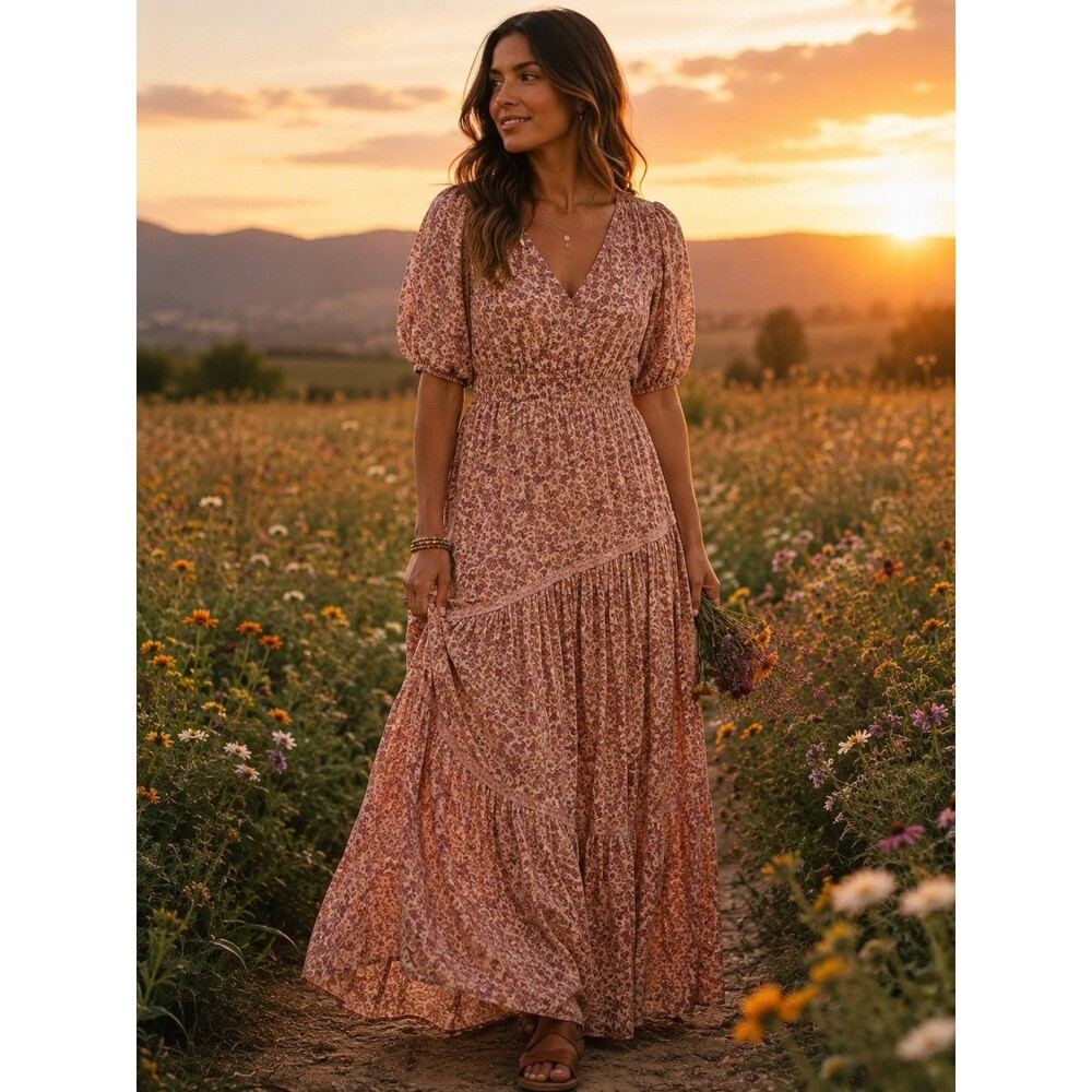 Sundance Floral Rayon Maxi Dress Gauzy Pink Boho Cottagecore Size Large Praire